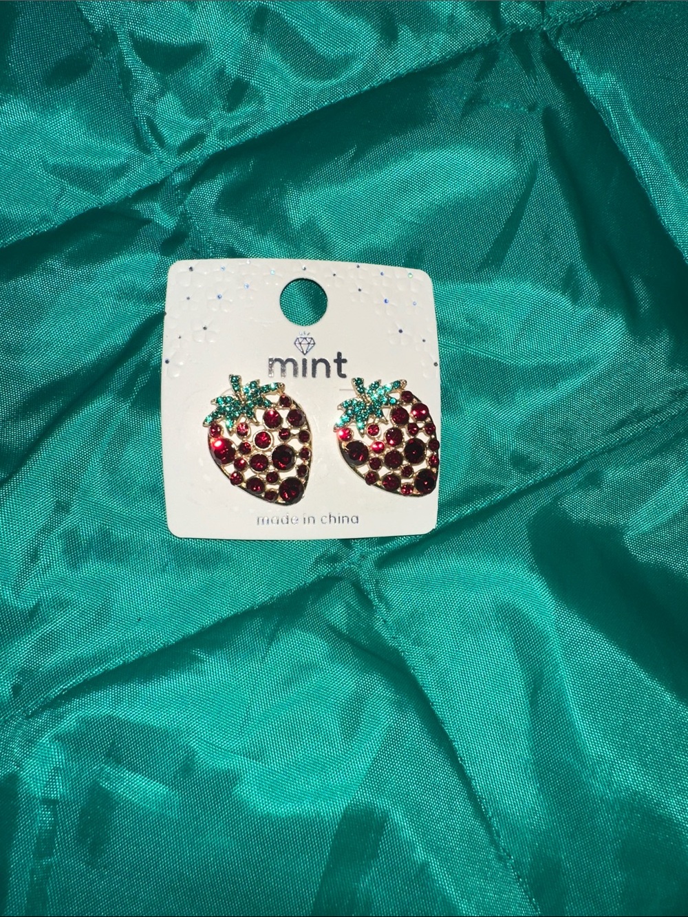 mint Strawberry Crystal Stud Earrings - Red & Green